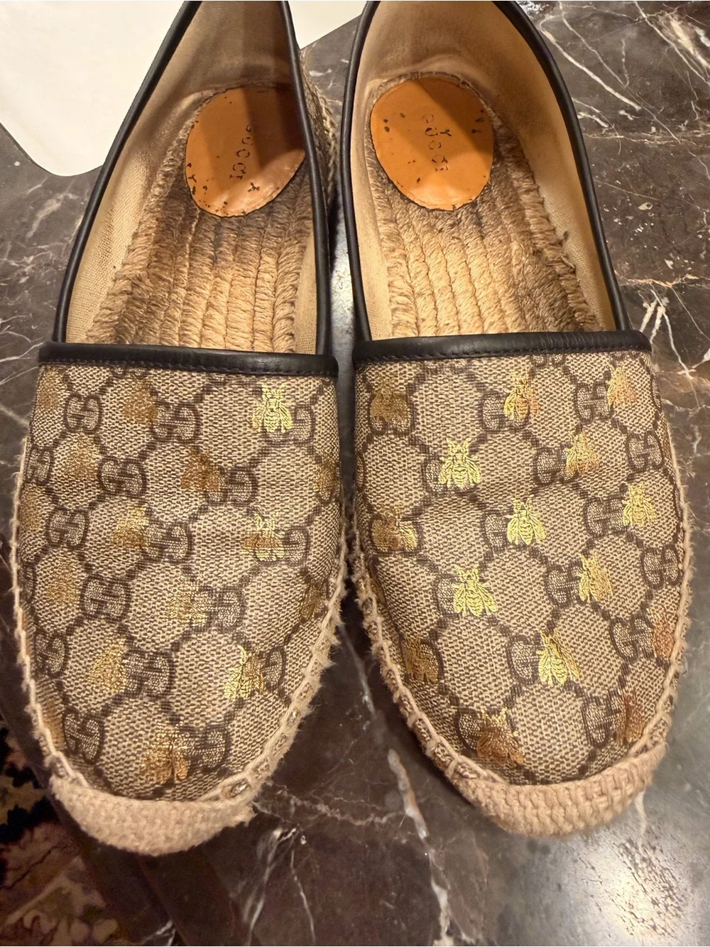 Gucci Bee GG Canvas Espadrille Loafers with Gold Bee Motif